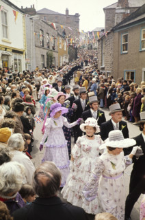 Flora Day, Helston, Cornwall, England, UK 1973 - crowds watch couples perform the  Furry dance in