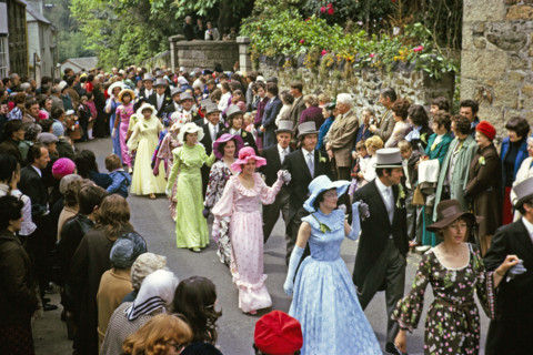 Flora Day, Helston, Cornwall, England, UK 1973 - crowds watch couples perform the  Furry dance in