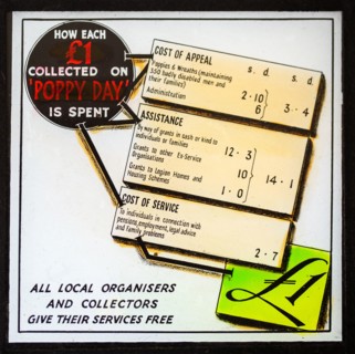 Magic lantern slide used in cinemas for advertising about the  poppy day  appeal, UK c 1940s or