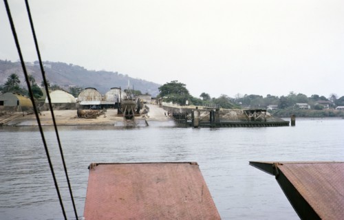 Front of boat approaching Kissy ferry terminal at Freetown, Sierra Leone, west Africa 1963.