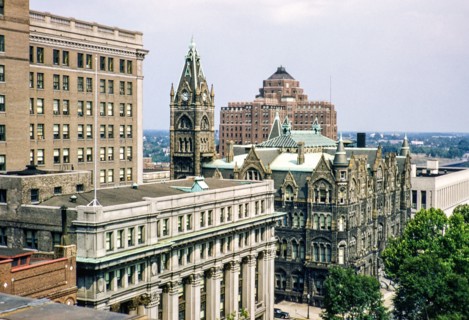 Oblique angle raised view from rooftop of Old City Hall building, Richmond, Virginia, USA c1953.