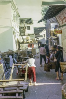 Activity in back alley street, Sai Kung, New Territories, Hong Kong, Asia 1965.