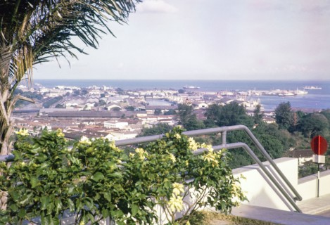 View to port docks, Empire Dock at Keppel Harbour from Mount Faber, Singapore, southeast Asia, 1965