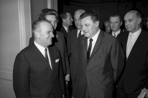 Federal Councilor Celio and Franz Josef Strauss at congress hall Kongresshaus, 1967
