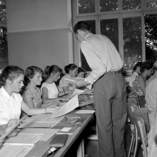 High school students preparing business census, Zurich 1955