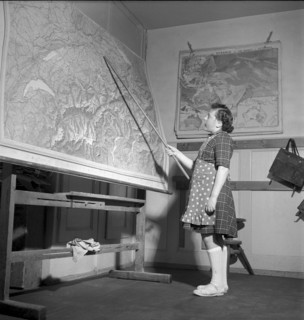 Schoolgirl during geography lesson, La Brevine, 1951