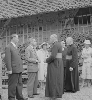 Federal Councillors greet the diplomatic body at Gruyeres castle 1957
