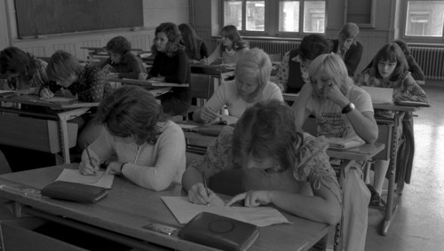 German lesson, pupils writing an essay, Zurich 1971