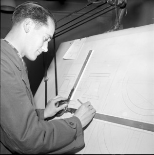 Aarau, draughtsman designing a bell, Ruetschi bell foundry 1951