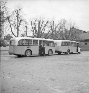 Post bus with trailer doing public transports from Aarau to Frick 1950