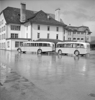 Post bus with trailer doing public transports from Aarau to Frick 1950