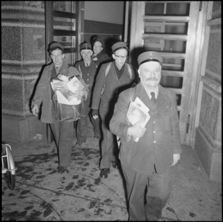 Postmen leaving the main post office, Zurich 1958