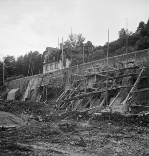 The road between Neuchatel and Bienne under renovation after subside, 1951