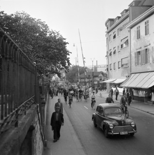BBC closing time, cyclists and pedestrian in Baden, 1951