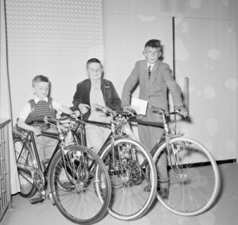 Lausanne, three boys with bicycles, 1955