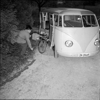 Loading wheelchair in a Volkswagen at school for social work, Zurich 1953