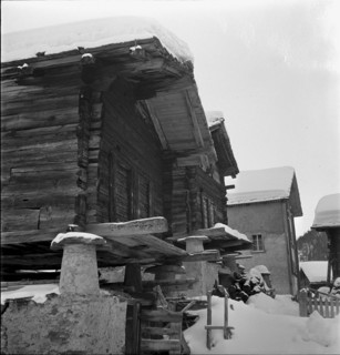 Traditional granary on wooden posts in Saas Fee, stilts. 1945