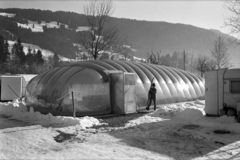 Swimming pool becomes indoor pool thanks to inflatable plastic roof, Zweisimmen 1971