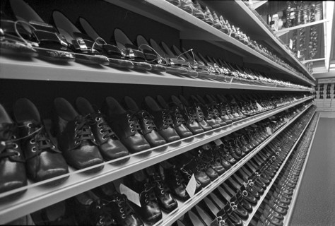 Shopping Center Balexert, shelve with shoes, Geneva 1971