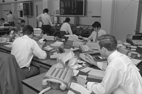 Foreign exchange brokers working at the Schweizerische Bankgesellschaft, Zurich 1971