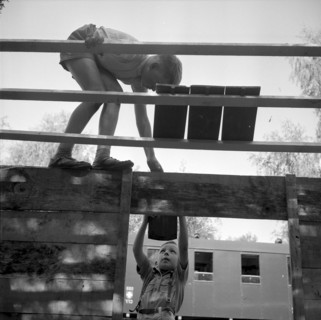 Boys building a wooden hut, adventure playground Ruschlikon 1954