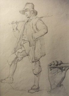 Shepherd in Mastrouk with a staff on his shoulder Hand holding a staff  Last 1820-s  Bryullov Karl Pavlovich (1799-1852) Italian album