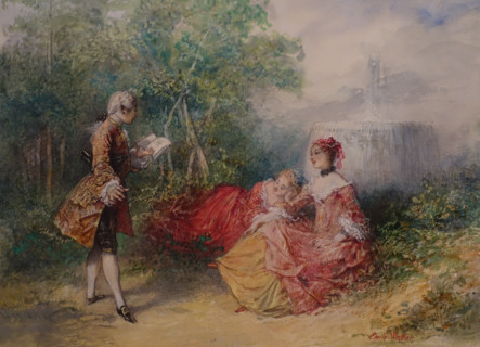 Gallant Scene at the Fountain Émile Wattier (1800-1868) Watercolor