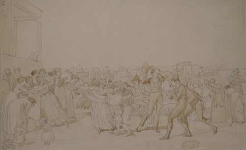 October Festival at the Foot of Monte Testaccio  in Rome  (Folk Scene) 1842   Sketch Sepia on paper