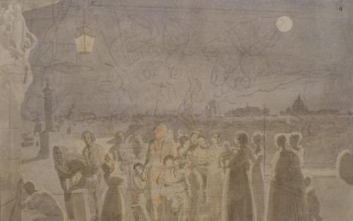 Ave Maria 1838 Sketch for the watercolour Ave Maria (Quay at Ripetta with a Corner Madonna and the crowd singing Ave Maria in front of it 1839 State Russian Museum)  Watercolour, black pencil, ink, pe...