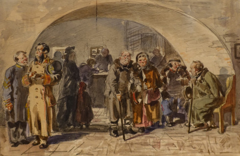 Receiving a pension 1876 Makovsky Vladimir (1846-1920) Watercolour