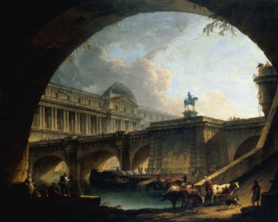 A palace inspired by the Louvre and the Pont-Neuf framed within the arch of a bridge.