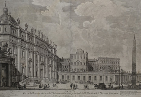 View from the left side of the colonnade and the main facade of Saint Peter's Basilica in the Vatican