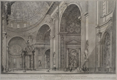 View of the interior of San Pietro with the interior of the great dome over the Place of Confession