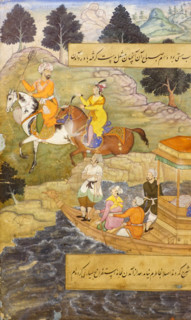 Babur returning to the encampment after a night feast in a boat