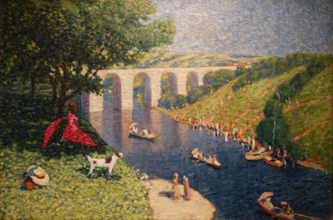 On a river by a white bridge