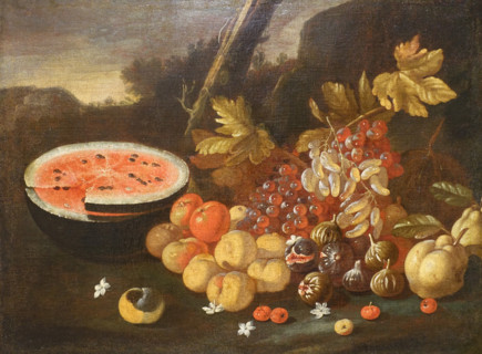 Still Life with Watermelon and fruits in a landscape