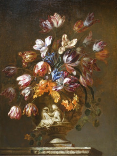 Tulips in a Vase Decorated with a female figure