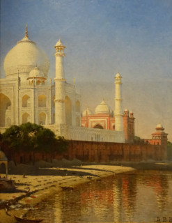 Taj Mahal Mausoleum at sunset from the river side