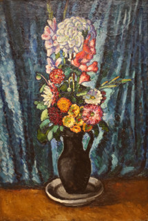 Bouquet in a Black Jug on a Blue Background