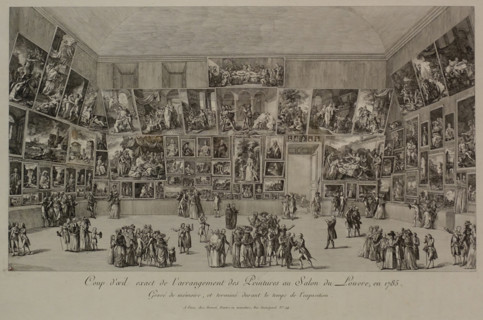 A precise view of the arrangement of paintings at the Salon du Louvre in 1785