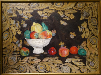 Still life with a patterned tablecloth