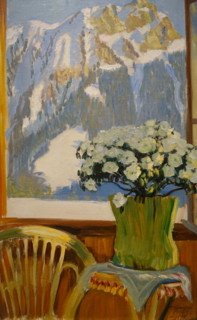 Flowers at the balcony with mountains in the background