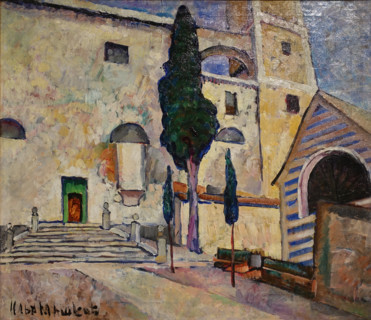 Cypress near Cathedral wall