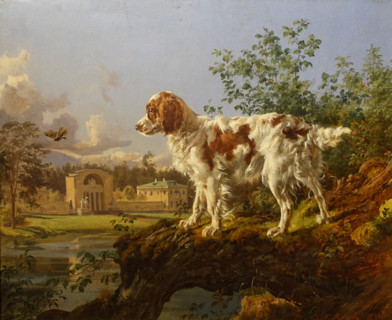 View of the stable yard of the Vlakhernskoye-Kuzminki estate with a dog