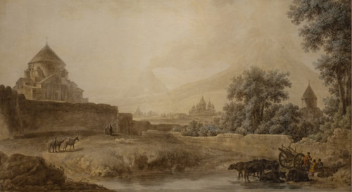 View of Three Churches Against the Backdrop of Mount Ararat in Armenia
