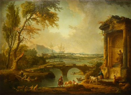 Landscape with a bridge and a statue in a niche