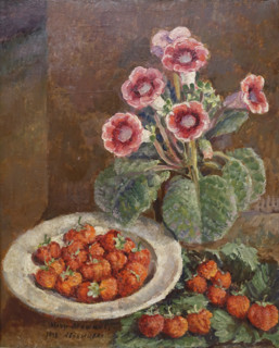 Flower in a Pot and Strawberries