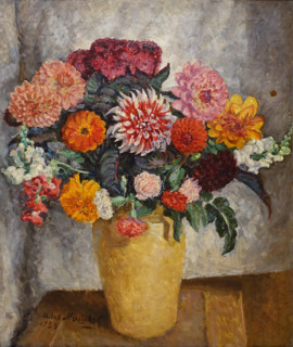 Colorful Bouquet in a Clay Jug on a Light Background