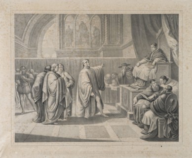 Dante Alighieri ambasciatore dei fiorentini incontra Bonifacio VIII, litografia metv† XIX secolo (Thomas et imprime par Becquet frv®res v† Paris)