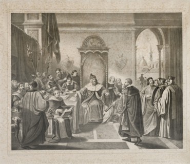 Galileo offre il suo cannocchiale al doge, litografia metv† XIX secolo (Thomas et imprime par Becquet frv®res v† Paris)